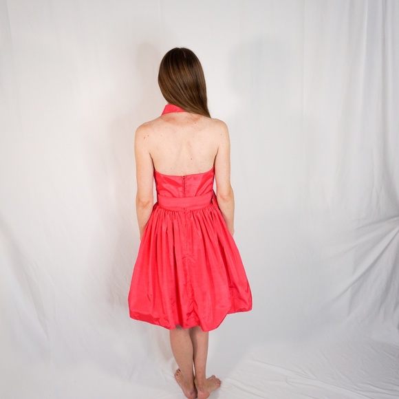 VINTAGE 90s Barbie Pink Taffeta Halter Flare Dress - Picture 4 of 7